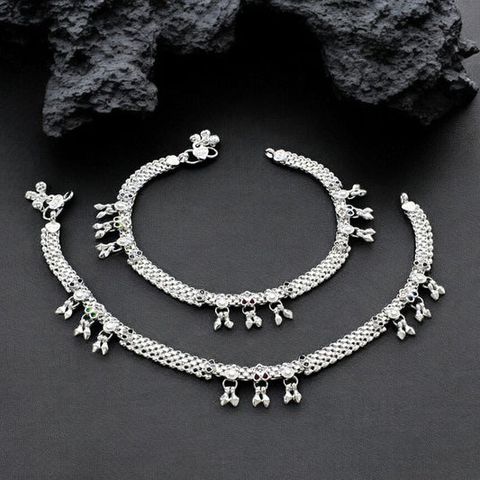 Real Sterling Silver women Multi CZ dangle cultural design Anklet Ankle Pair 10.3"