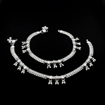 Real Sterling Silver women Multi CZ dangle cultural design Anklet Ankle Pair 10.3"
