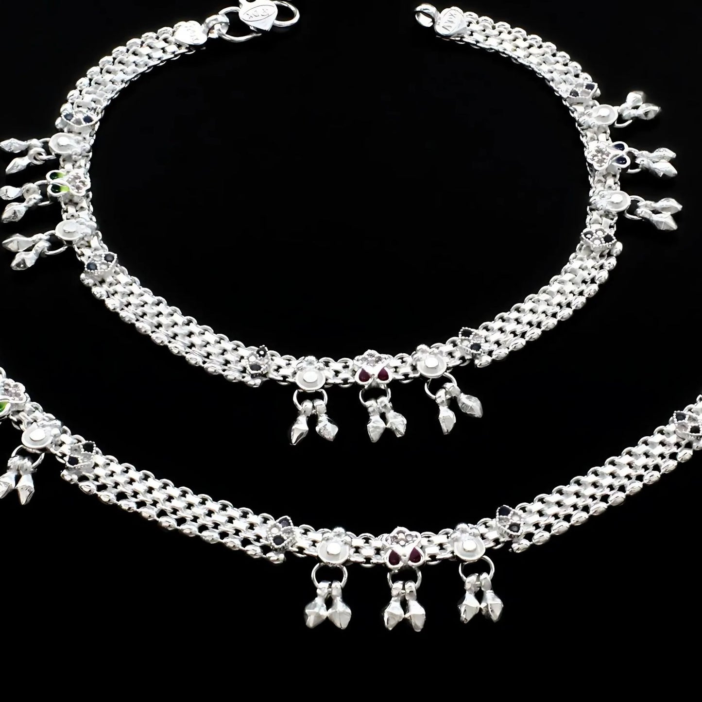 Real Sterling Silver women Multi CZ dangle cultural design Anklet Ankle Pair 10.3"