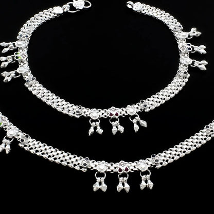 Real Sterling Silver women Multi CZ dangle cultural design Anklet Ankle Pair 10.3"
