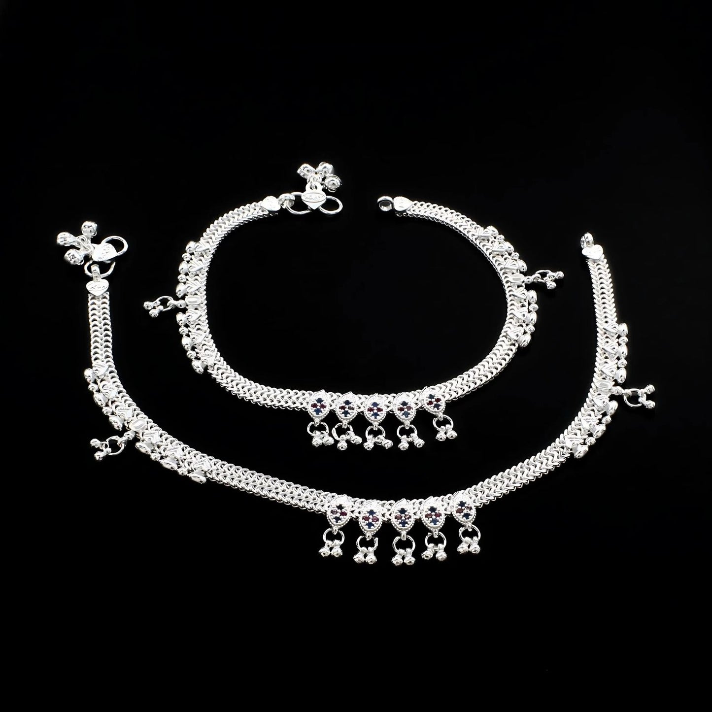 Real Sterling Silver women Blue Pink CZ party wear Anklet Ankle Pair 10.3"