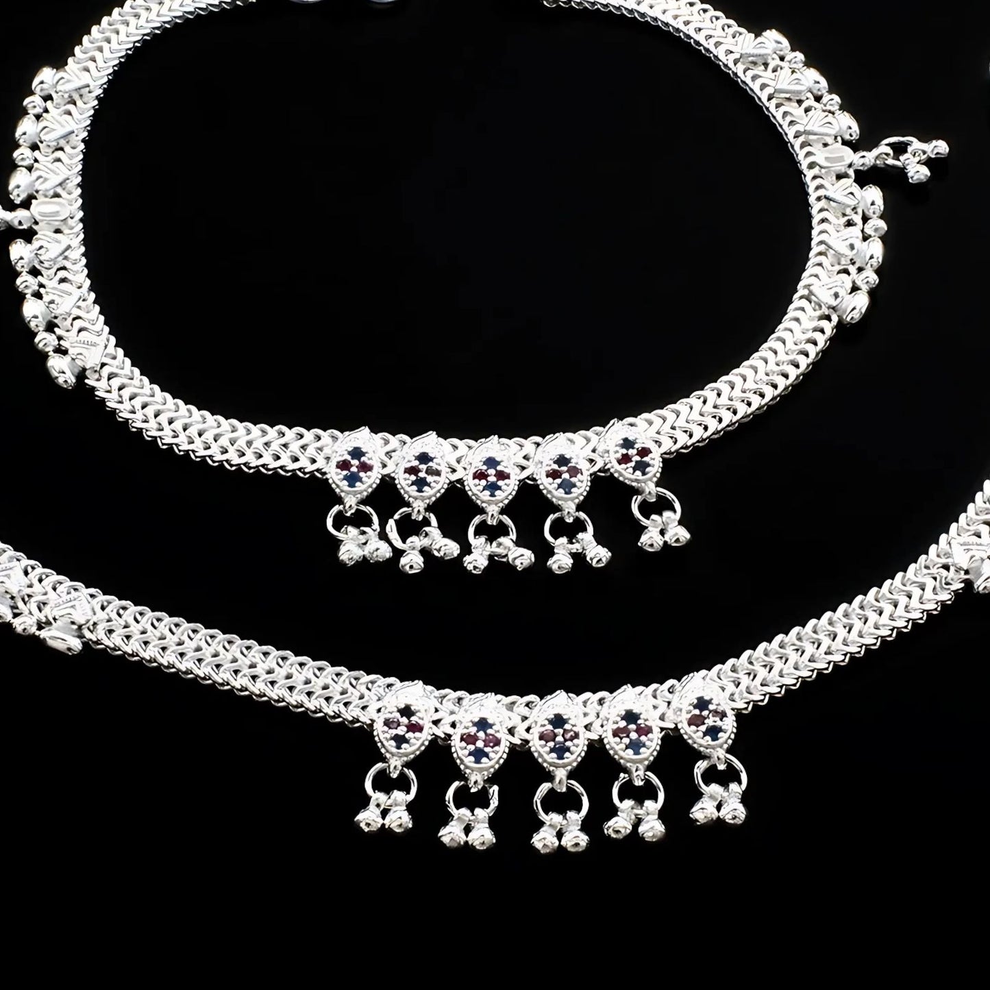 Real Sterling Silver women Blue Pink CZ party wear Anklet Ankle Pair 10.3"