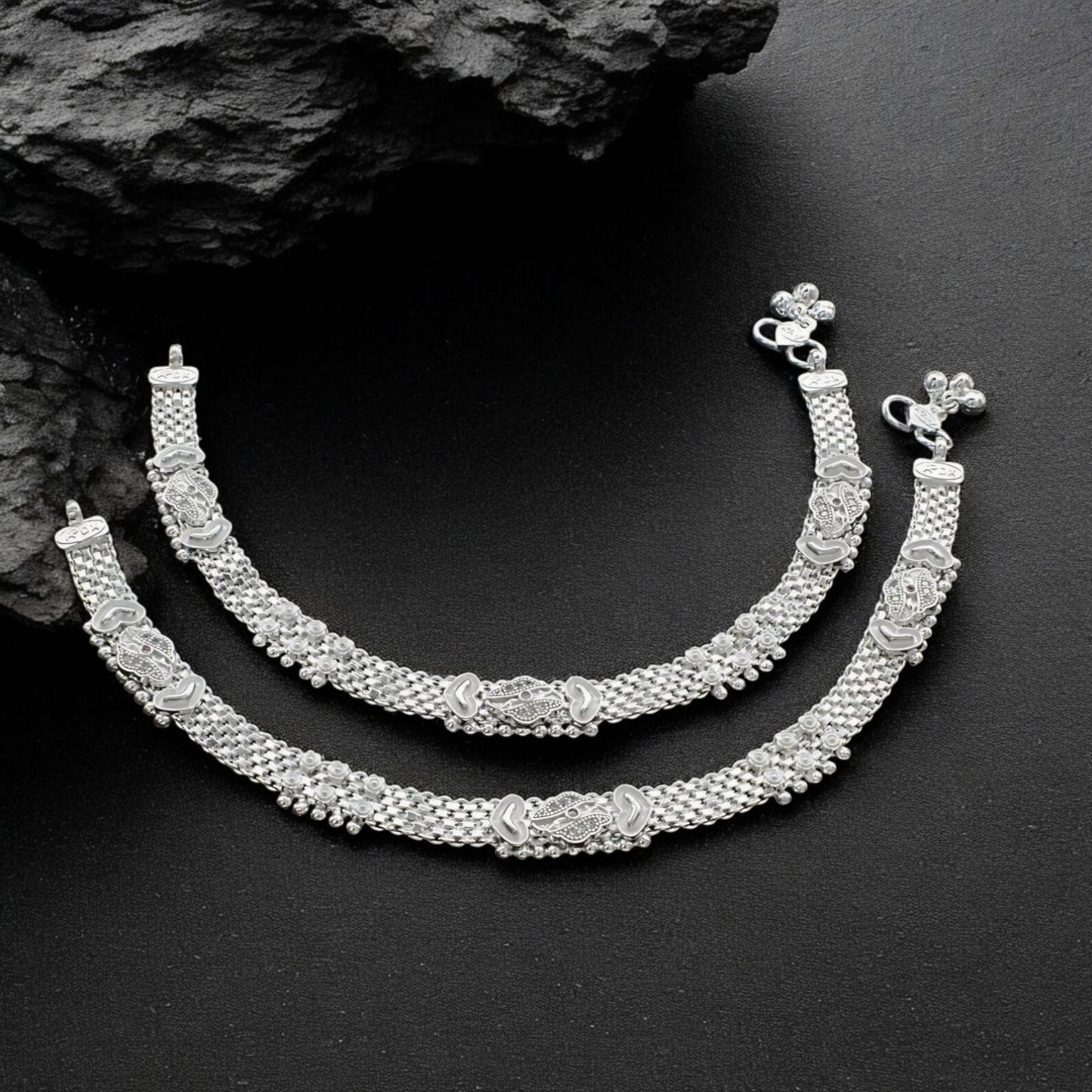 Traditional Real Sterling Silver women Pink CZ Anklet Ankle Pair 10.3"