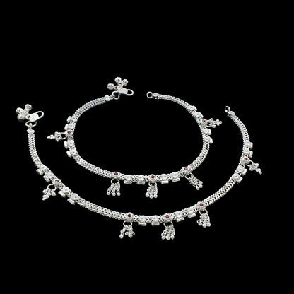 Real Sterling Silver women Pink CZ handmade Anklet Ankle Pair 10.3"