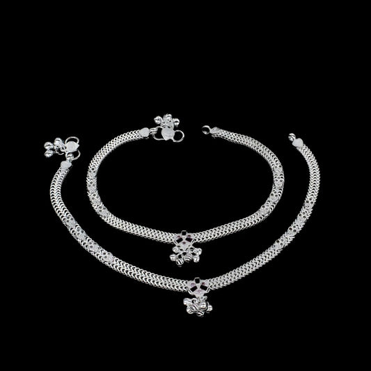 Real Sterling Silver women Pink White CZ cultural design Anklet Ankle Bracelet 10.2"