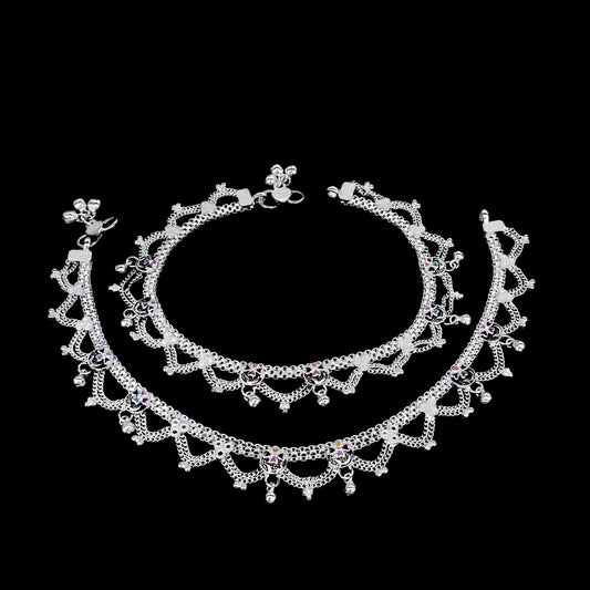 Real Sterling Silver women jhallar design Anklet Ankle Bracelet 10.3"