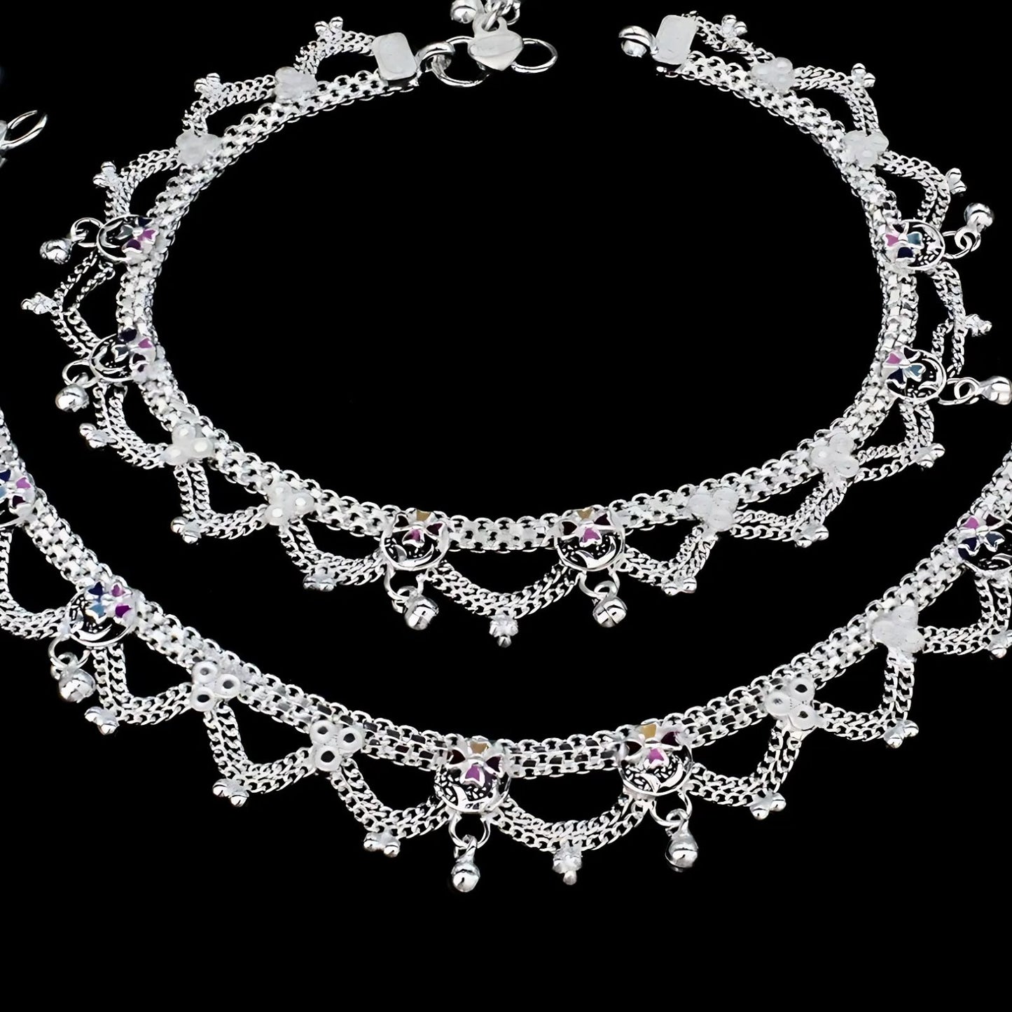 Real Sterling Silver women jhallar design Anklet Ankle Bracelet 10.3"