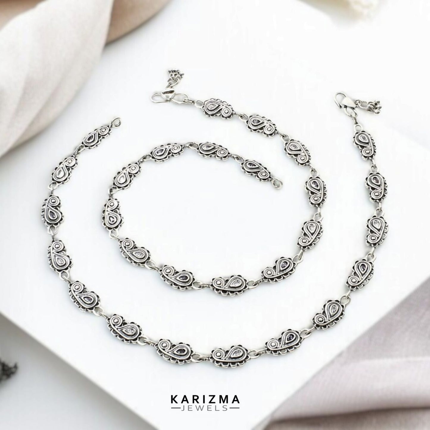925 Sterling Silver Women Purple White CZ Oxidised Anklets Pair 10.8"
