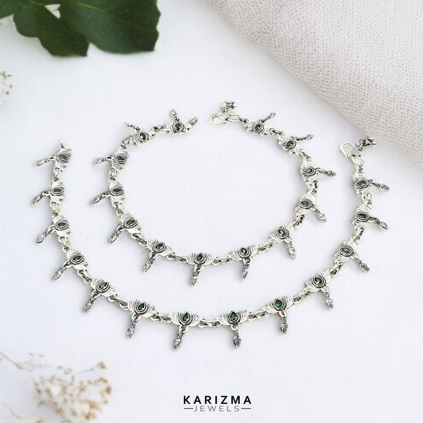 925 Sterling Silver Women Green White CZ Oxidised Lotus Anklets Pair 10"