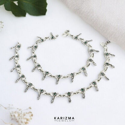 925 Sterling Silver Women Green White CZ Oxidised Lotus Anklets Pair 10"