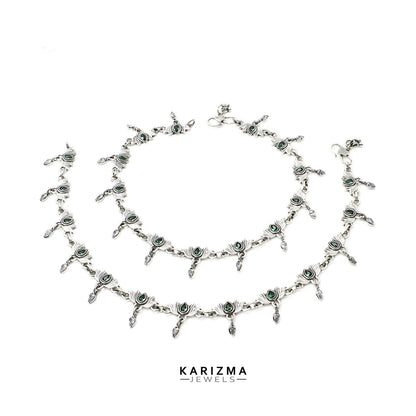925 Sterling Silver Women Green White CZ Oxidised Lotus Anklets Pair 10"