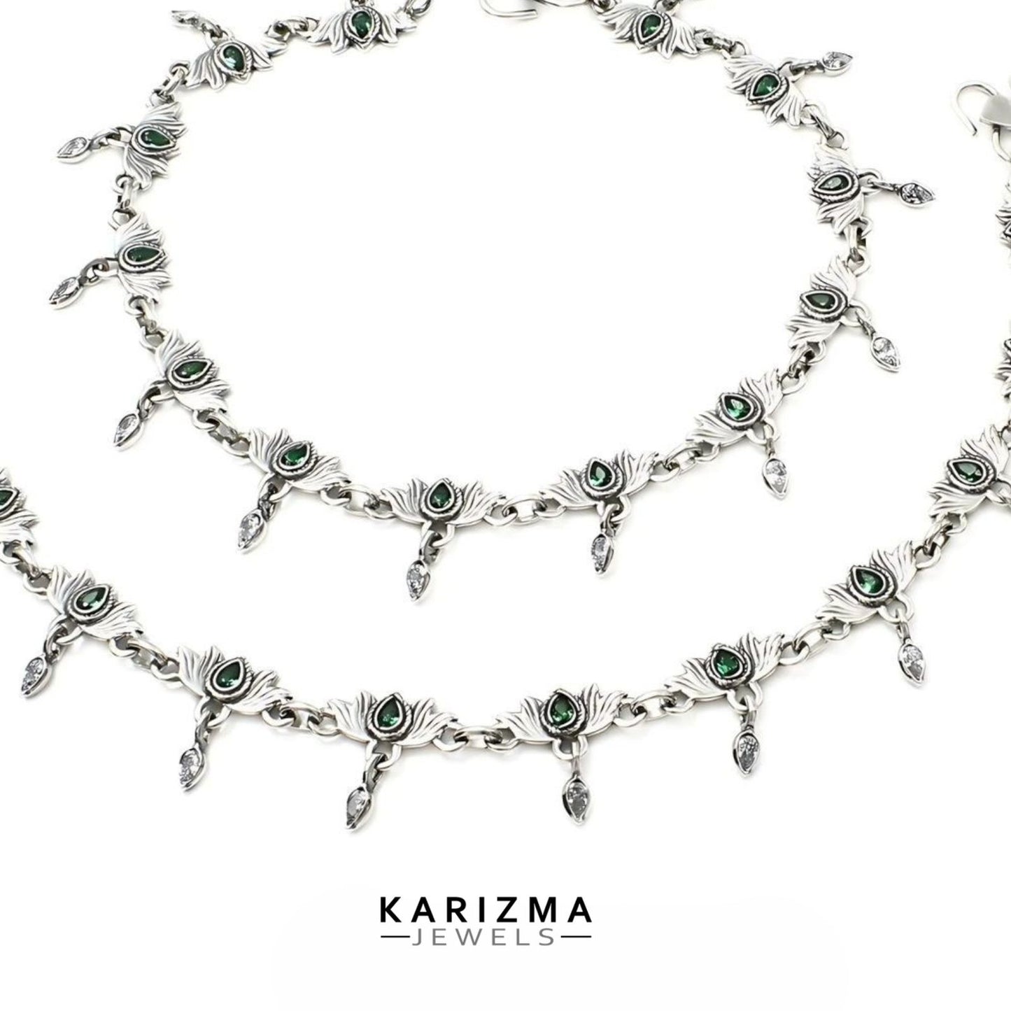 925 Sterling Silver Women Green White CZ Oxidised Lotus Anklets Pair 10"