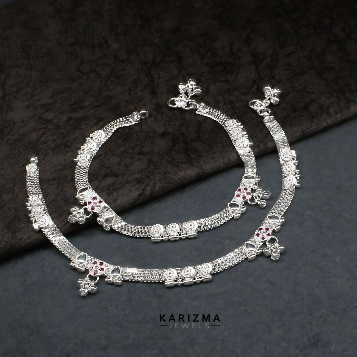 Real Sterling Silver women Pink CZ  brides collection Anklet Ankle Bracelet 10.3"