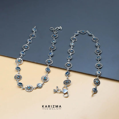 925 Sterling Silver Women Blue CZ Oxidised handmade divine Anklets Pair 10"