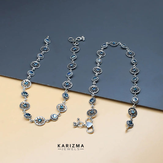 925 Sterling Silver Women Blue CZ Oxidised handmade divine Anklets Pair 10"