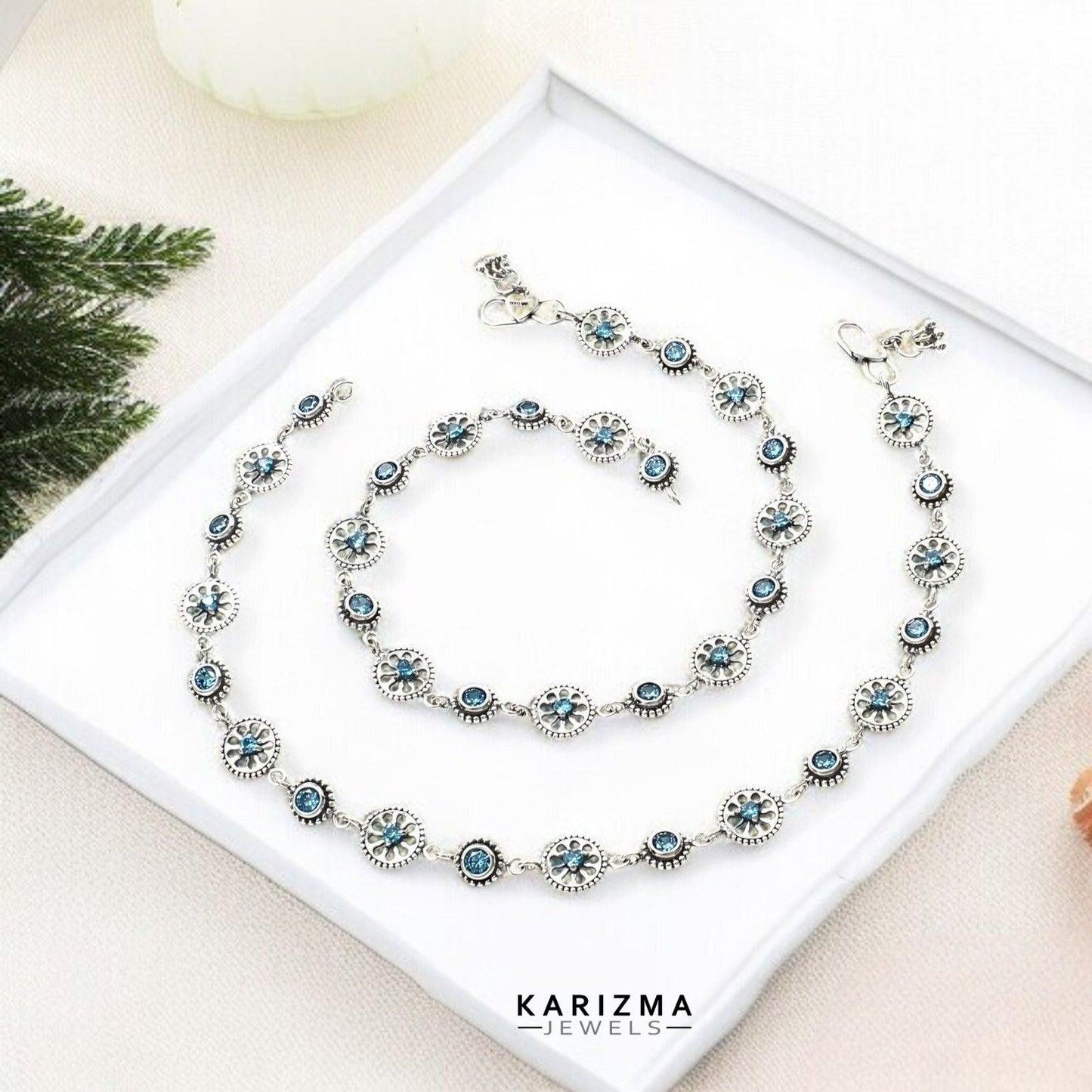 925 Sterling Silver Women Blue CZ Oxidised handmade divine Anklets Pair 10"
