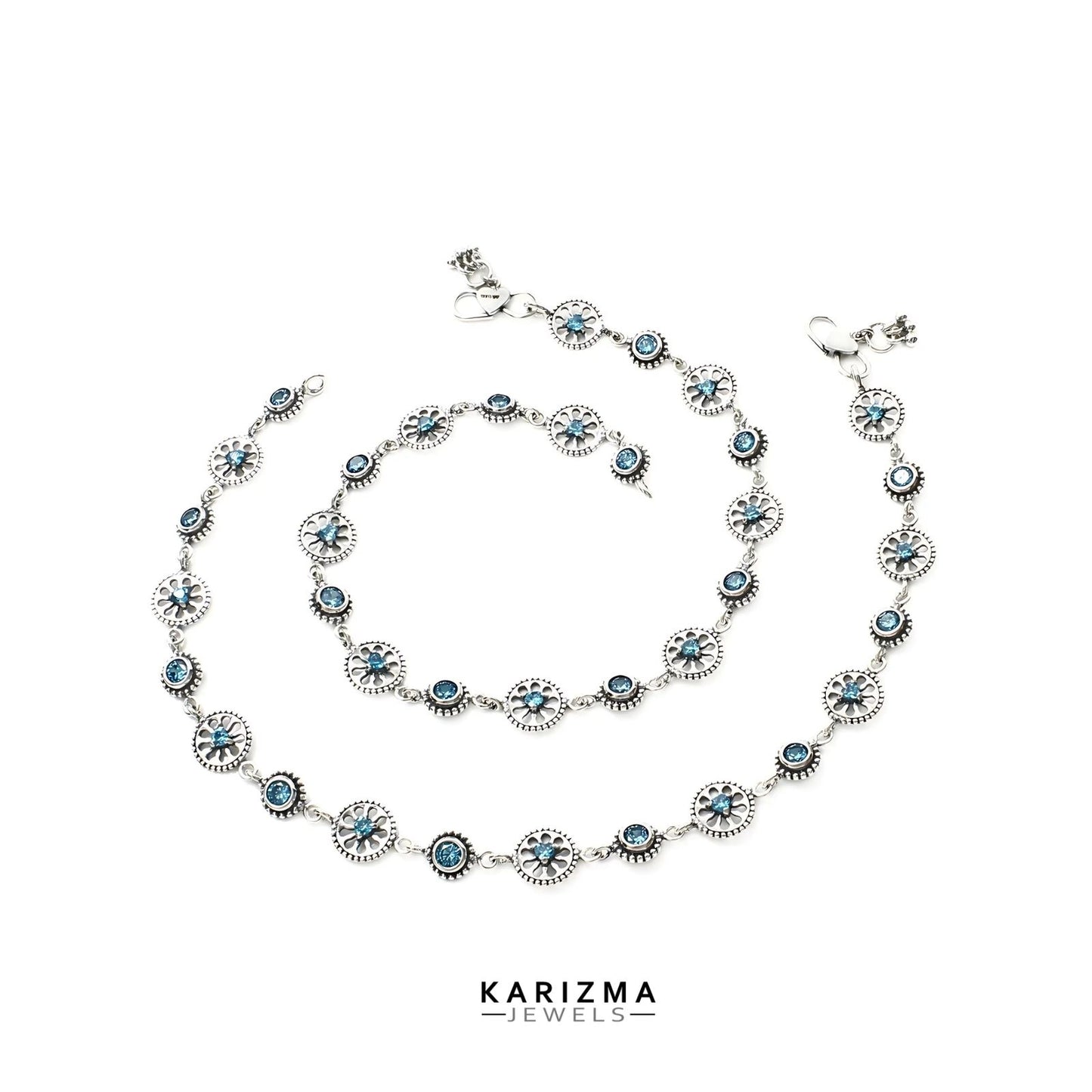 925 Sterling Silver Women Blue CZ Oxidised handmade divine Anklets Pair 10"