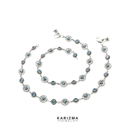925 Sterling Silver Women Blue CZ Oxidised handmade divine Anklets Pair 10"