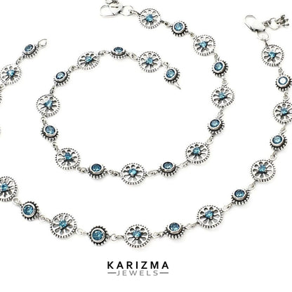 925 Sterling Silver Women Blue CZ Oxidised handmade divine Anklets Pair 10"