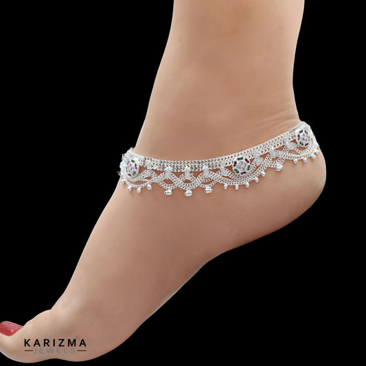 Real Sterling Silver women cultural design Multi CZ Anklet Ankle Bracelet 10.3"