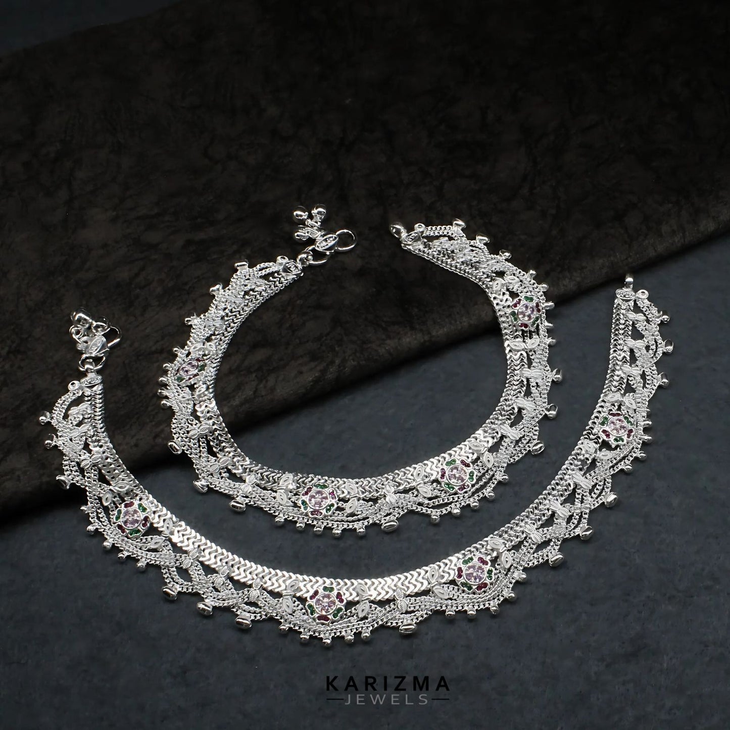 Real Sterling Silver women cultural design Multi CZ Anklet Ankle Bracelet 10.3"