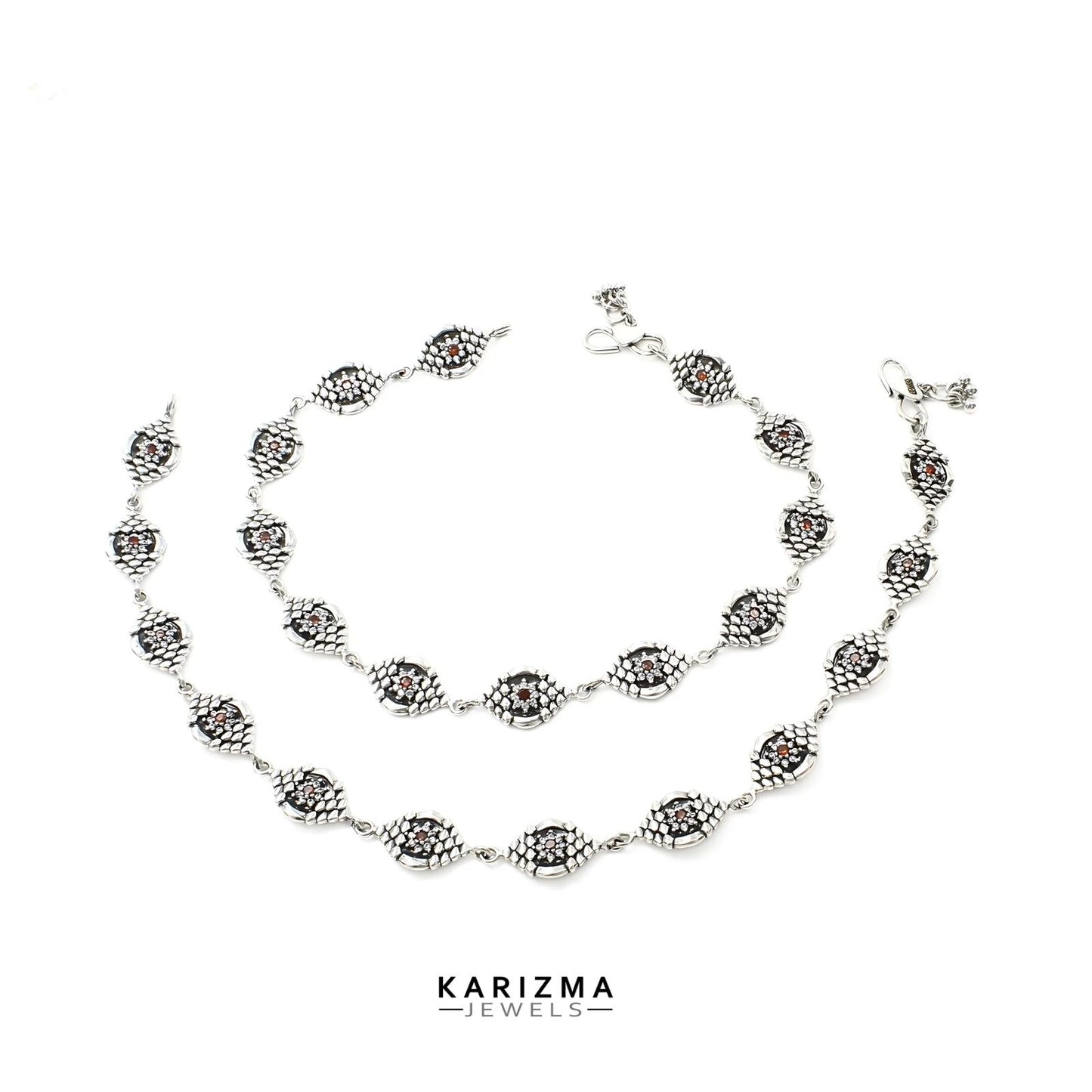 925 Sterling Silver Women Orange White CZ Oxidised beach wear Anklets Pair 10.2"