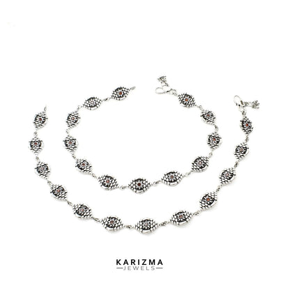925 Sterling Silver Women Orange White CZ Oxidised beach wear Anklets Pair 10.2"