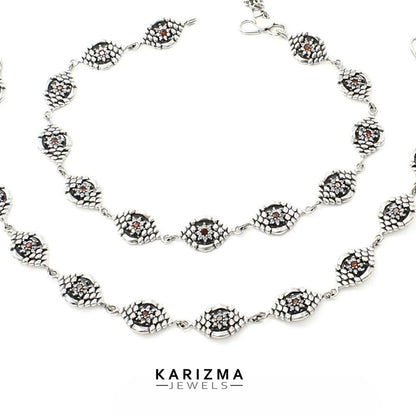 925 Sterling Silver Women Orange White CZ Oxidised beach wear Anklets Pair 10.2"