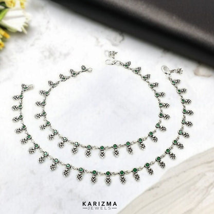 925 Sterling Silver Women Green CZ Oxidised boho style Anklets Pair 10.5"