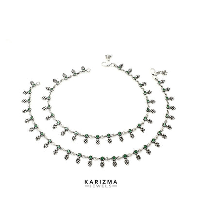 925 Sterling Silver Women Green CZ Oxidised boho style Anklets Pair 10.5"