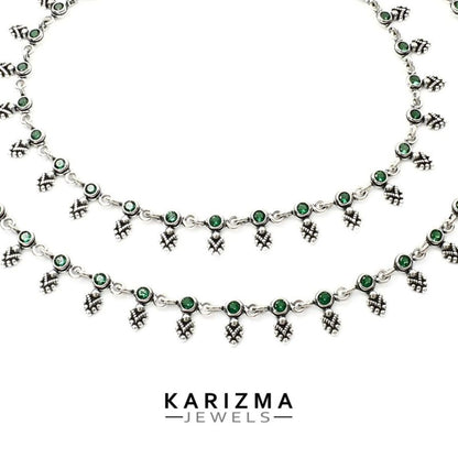925 Sterling Silver Women Green CZ Oxidised boho style Anklets Pair 10.5"