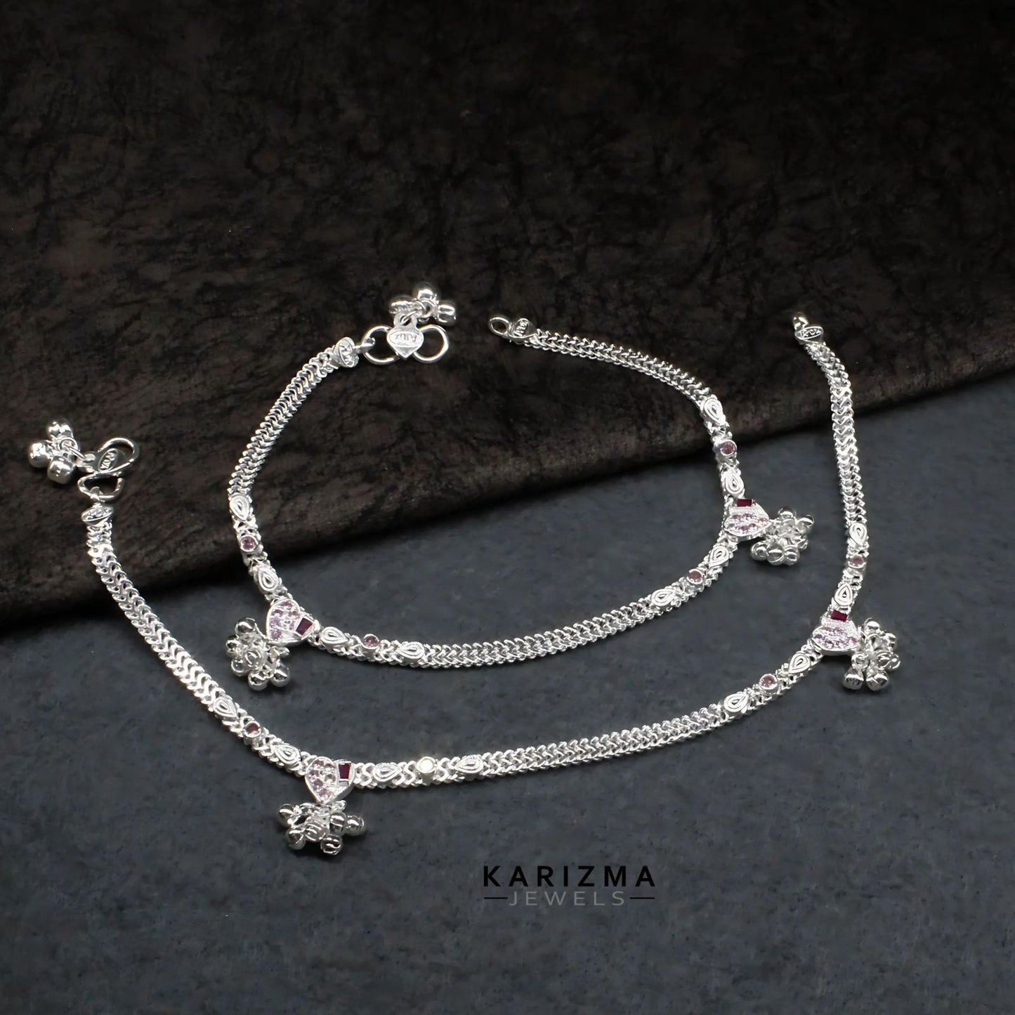 Real Sterling Silver Pink CZ women designer Anklet Ankle Bracelet 10.3"