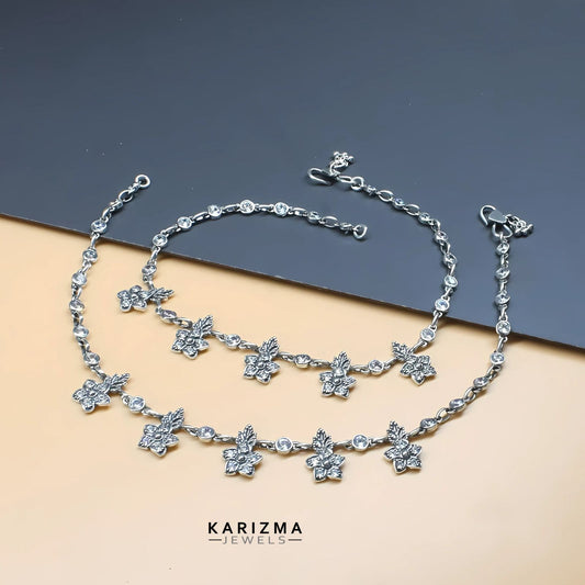 925 Sterling Silver Women White CZ Oxidised Excellent gifting Anklets Pair 10.7"