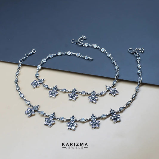925 Sterling Silver women Pink White CZ boho style Oxidised Anklets Pair 10.7"