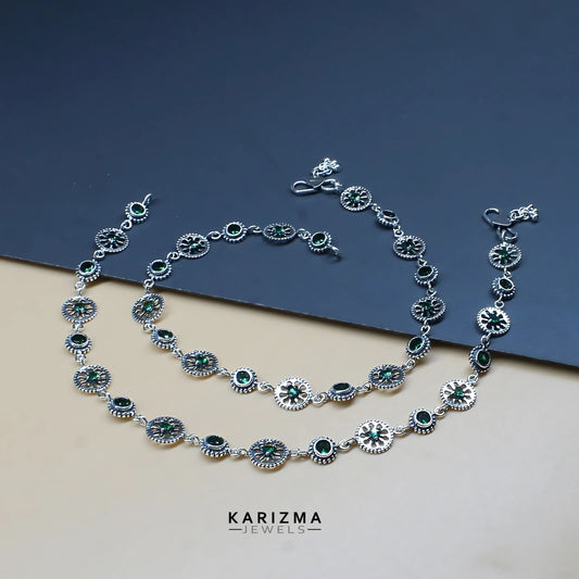 925 Sterling Silver Green CZ floral design Oxidised Anklets Pair 10.3"