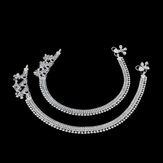 Real Sterling Silver women Pink CZ heart design Anklet Ankle Bracelet 10"
