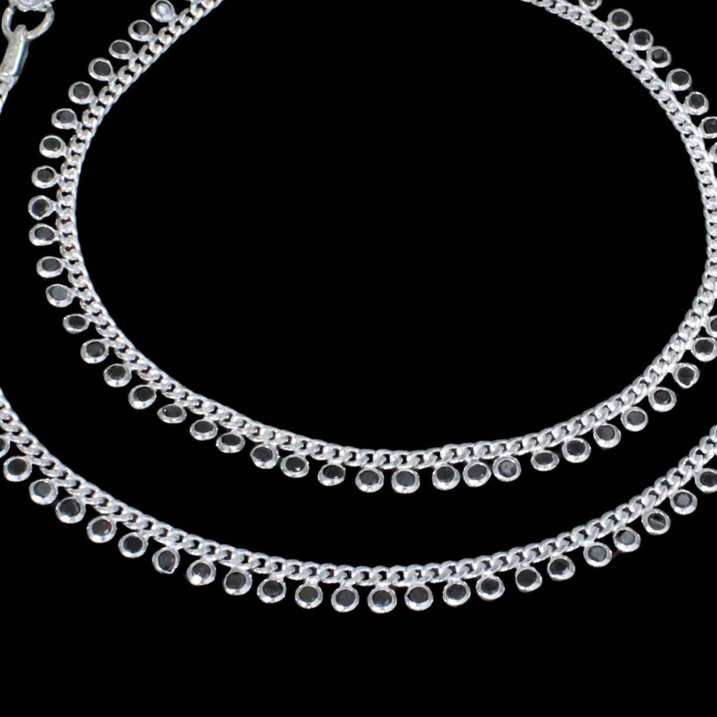 Real Sterling Silver Clear Black CZ Indian women Anklets Ankle Pair 10.3"