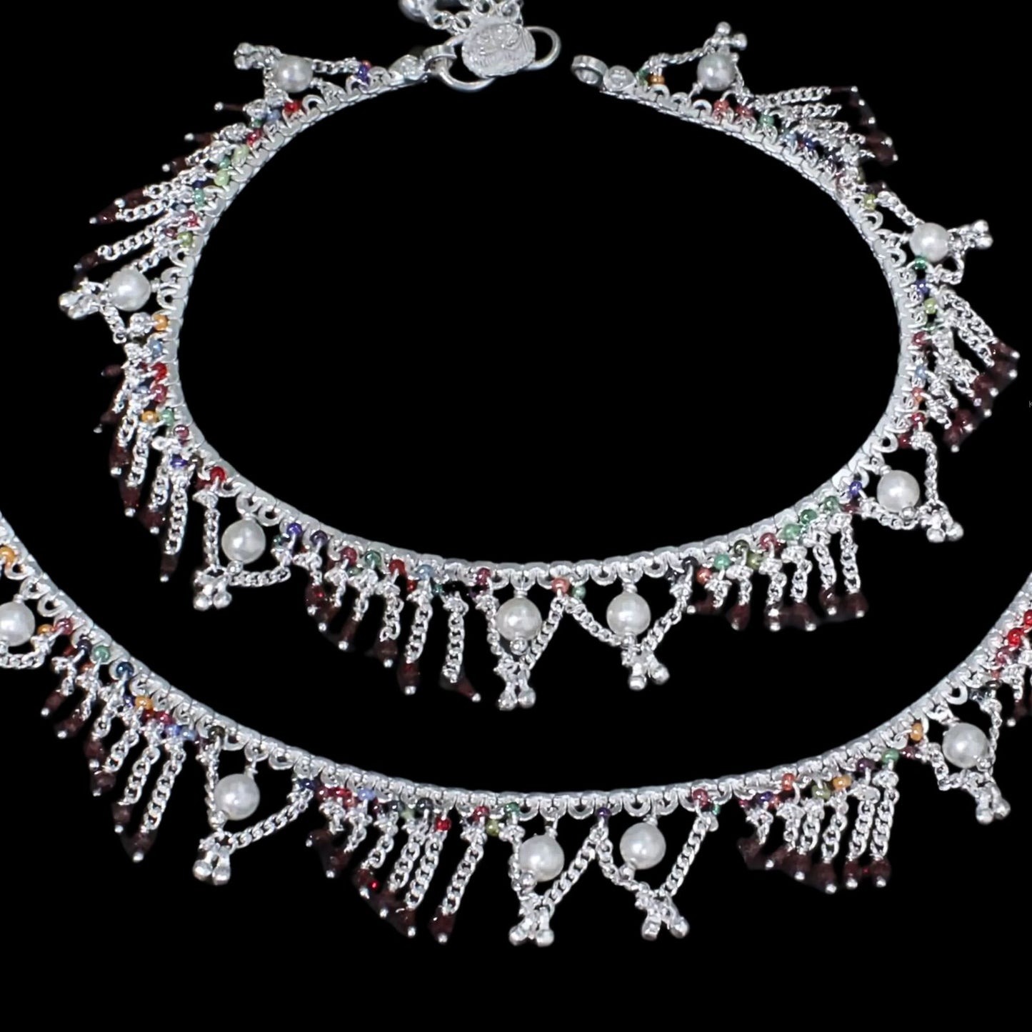 Real Sterling Silver Multi Beads Indian wedding style women Pearl Anklets Ankle Pair 10.5"