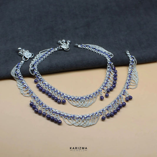 Real Sterling Silver Violet Beads Indian women Jhallar Anklets Ankle Pair 10.5"