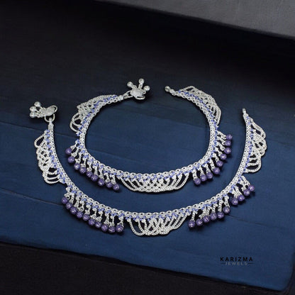 Real Sterling Silver Violet Beads Indian women Jhallar Anklets Ankle Pair 10.5"