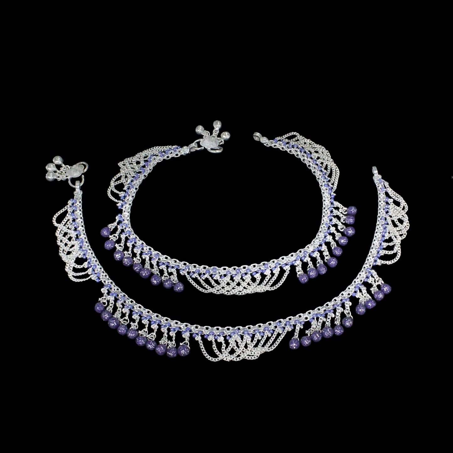 Real Sterling Silver Violet Beads Indian women Jhallar Anklets Ankle Pair 10.5"