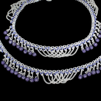 Real Sterling Silver Violet Beads Indian women Jhallar Anklets Ankle Pair 10.5"