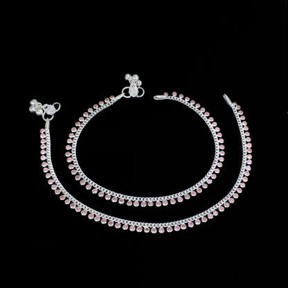 Real Sterling Silver  gifting jewellery Pink CZ Indian women Anklets Ankle Pair 10.3"