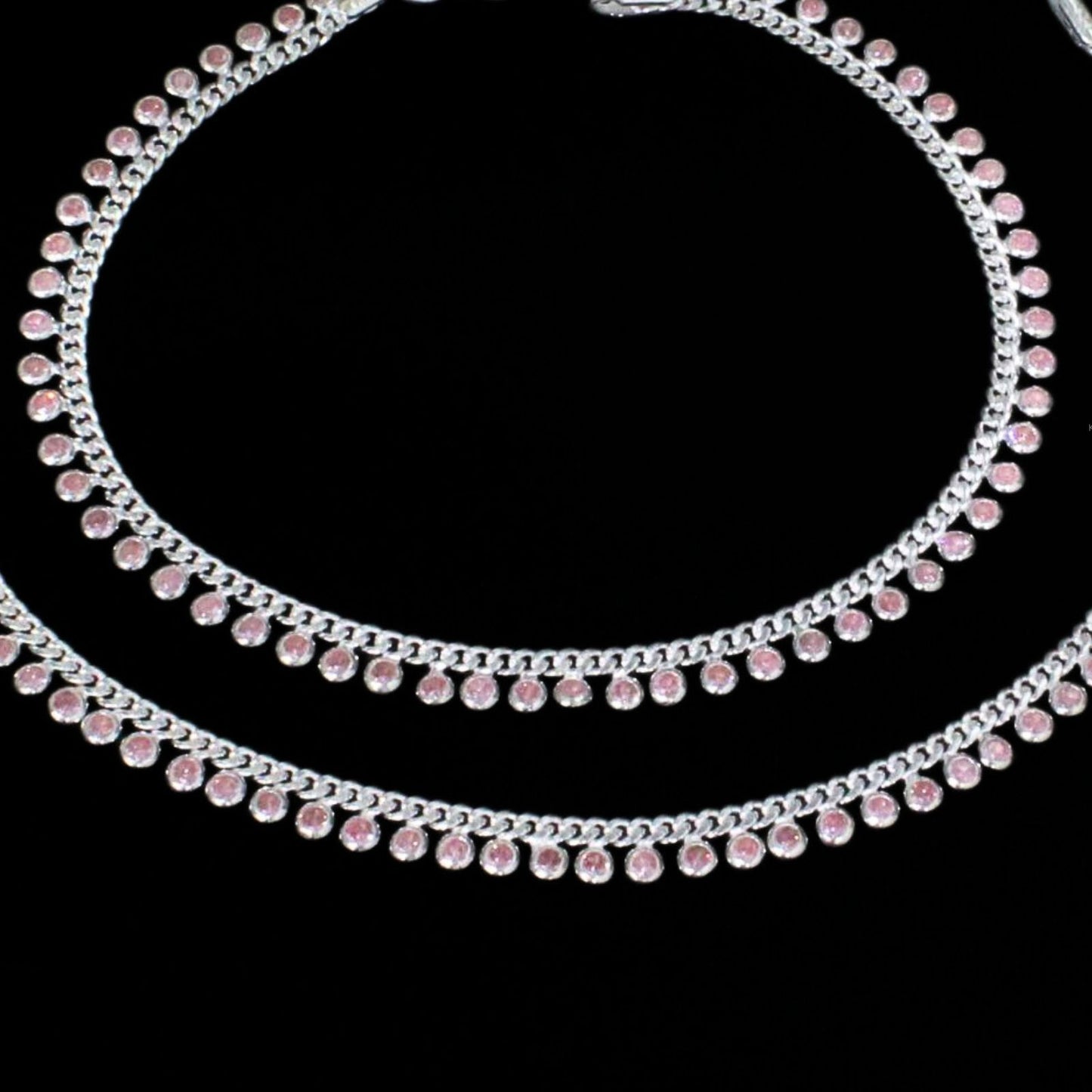 Real Sterling Silver  gifting jewellery Pink CZ Indian women Anklets Ankle Pair 10.3"