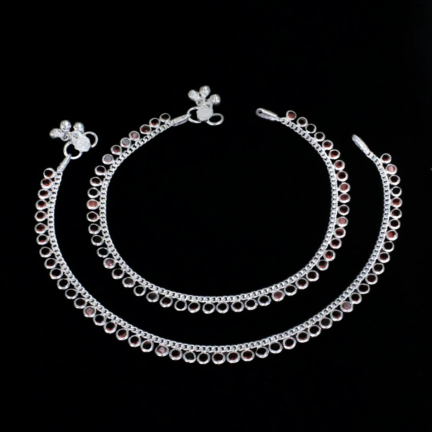 Real Sterling Silver Red CZ Indian women girlish daily wear Anklets Ankle Pair 10.3"