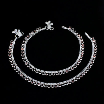 Real Sterling Silver Red CZ Indian women girlish daily wear Anklets Ankle Pair 10.3"