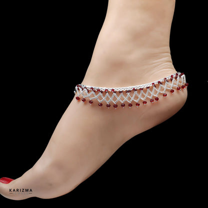 Real Silver Black Red Beads Indian women party wear Anklets Ankle Pair 10.5"