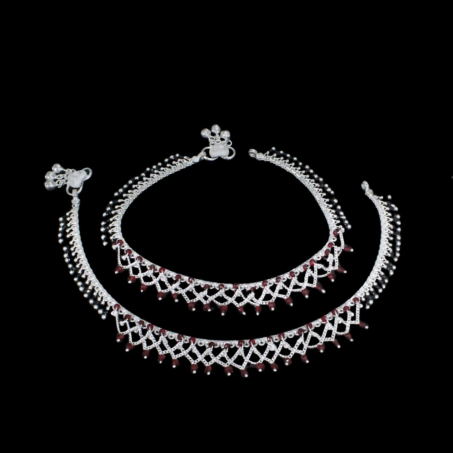 Real Silver Black Red Beads Indian women party wear Anklets Ankle Pair 10.5"