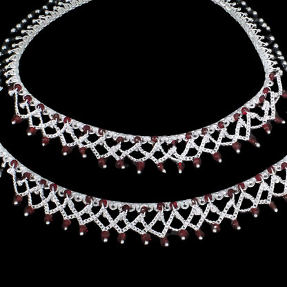 Real Silver Black Red Beads Indian women party wear Anklets Ankle Pair 10.5"