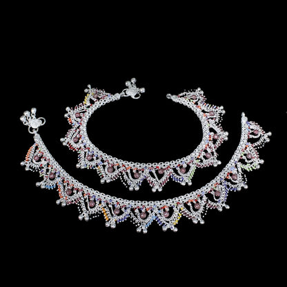 Indian wedding collection Real Silver Multi Beads women jhallar Anklets Ankle Pair 10.5"